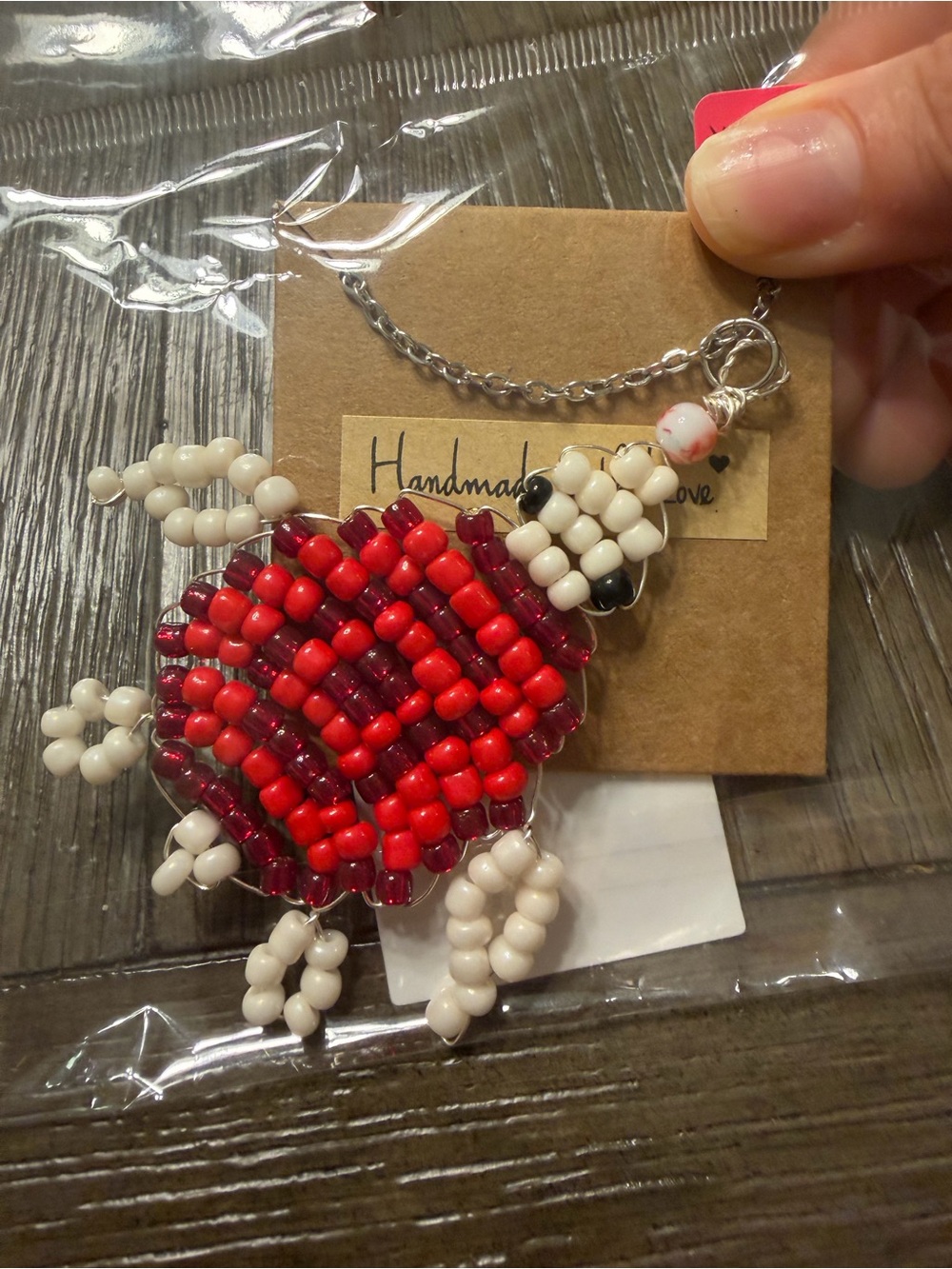 Handmade Red Beaded Turtle Necklace -